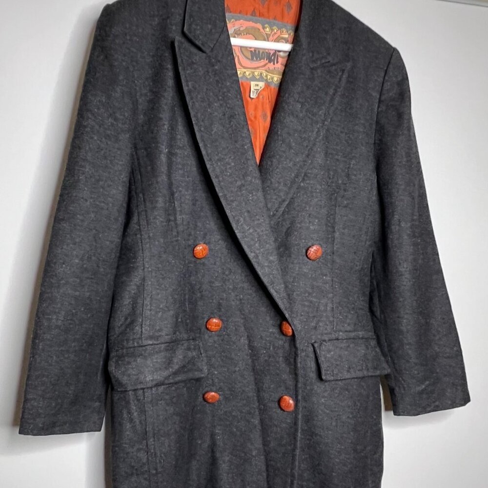 Mondi Women Designer VTG Sport Coat Blazer Gray Double Breast Wool Fall Autumn L